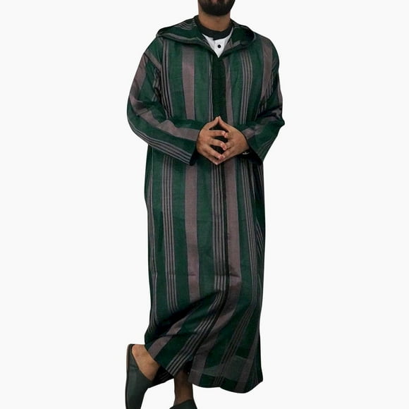 Men's Casual Striped Hooded Men's Shirt Muslim Robe Long Sleeve Pinstripe Shirt Half Zipper Jubba Thobe