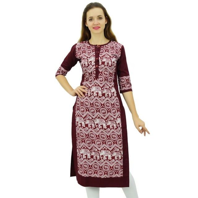Phagun Kurta Droite Bordeaux pour Femmes, Manches 3/4, Kurti Décontractée Imprimée-4