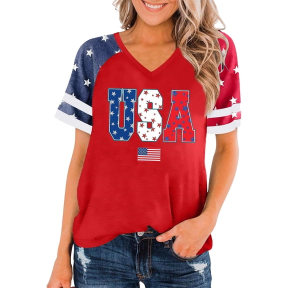 Womens 4th of July V Neck Shirt American Flag Graphic Short Sleeve Patriotic Tee Casual Summer Tops 