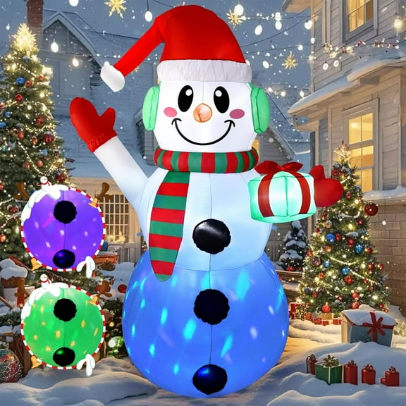 6 FT Christmas Inflatables Snowman with Gift, Built-in Rotating Colorful LED Lights Christmas Inflatable Outdoor Decoration, Christmas Blow Ups for Yard Garden Lawn Xmas Holiday Decor