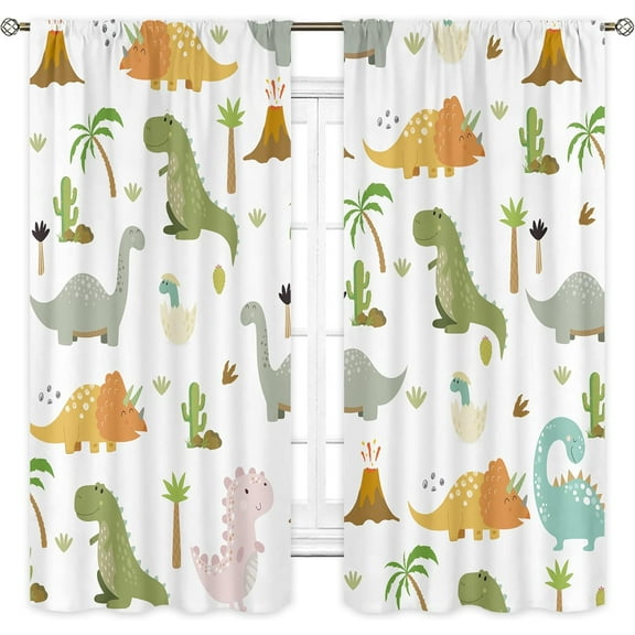 Kids Dinosaur Curtains 42W x 63H Inch Rod Pocket Colorful Cute Cartoon Dino for Baby Boys Funny Animals Toddler Room Decor Nursery Safari Wildlife Printed Bedroom Window Drapes Fabric 2 Panel
