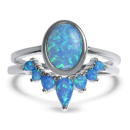 Blue Opal Bridal Wedding Engagement Ring Set for Women (Size 7)