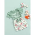 thumbnail image 3 of Baby Girls Flying Short Sleeve Letter Print Romper + Bow Floral Shorts + Headband 3 Piece Outfits Set, 3 of 8