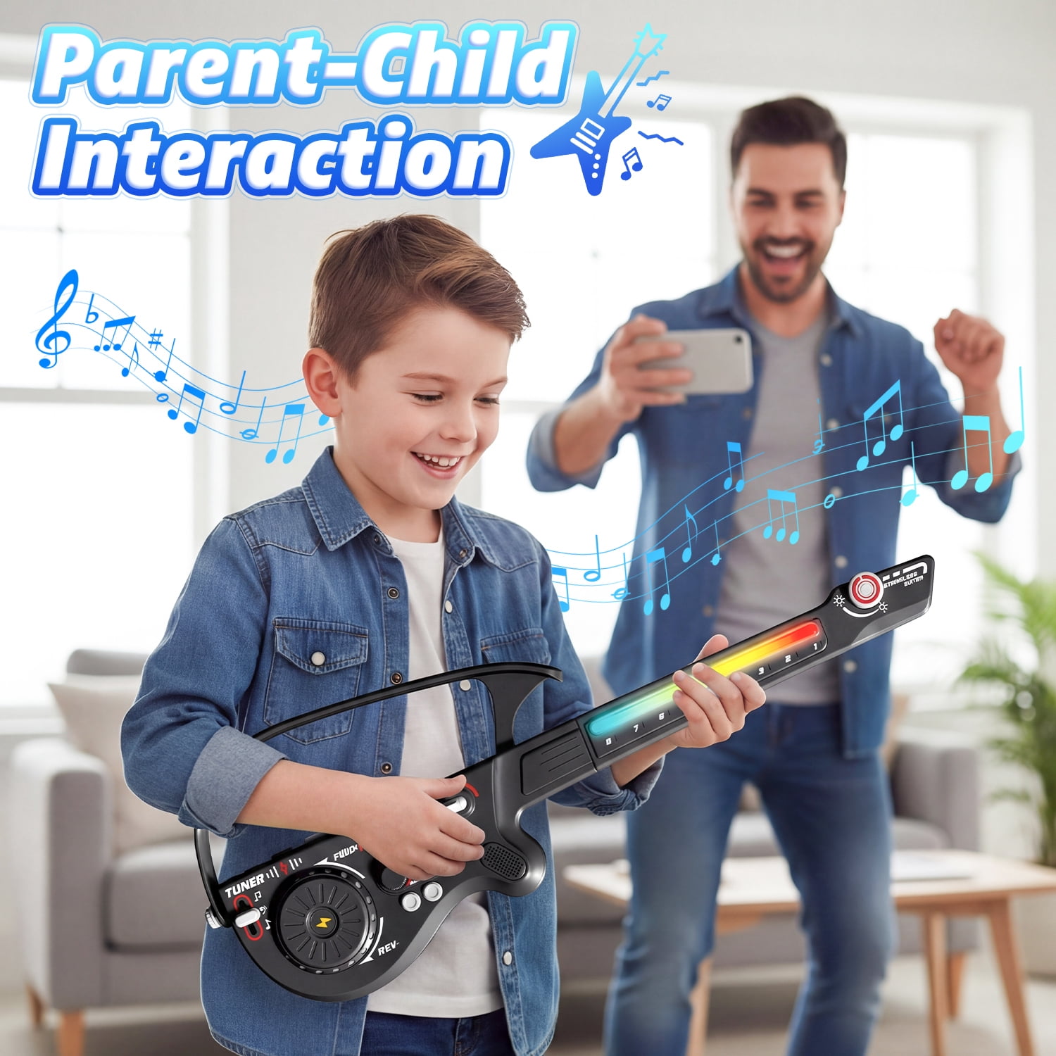 Freecat  Kids Toy Guitar for Toddlers Ages 3 4 5 6 Years, Cool Black Toy Guitar Set with DJ and Bluetooth and Multiple Musical Effects, Christmas and Birthday Gift for Boys Girls.
