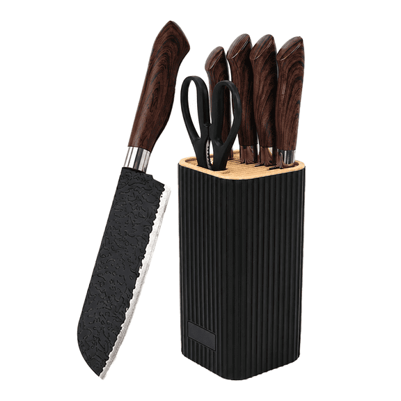 Kitchen Knife Set 6 Piece Black, Stainless Steel Kitchen Knives Set Ultra Sharp Chef Knife Set with Wood Grain Handle Dishwasher Safe Home Kitchen Cooking Essential Set for Meat Vegetable Fruit