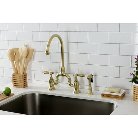 Kingston Brass KS7797BALBS Heirloom Two-Handle 3-Hole Deck Mount Bridge Kitchen Faucet with Brass Side Sprayer in Brushed Brass