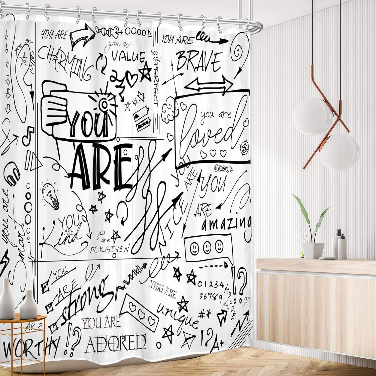 Teen Shower Curtain 72Wx84L Inch for Kids Funny Quotes Black White Inspirational You are Motivational Abstract Artwork Cloth Fabric Waterproof Polyester Bathroom Decor Set with 12 Pack Hooks