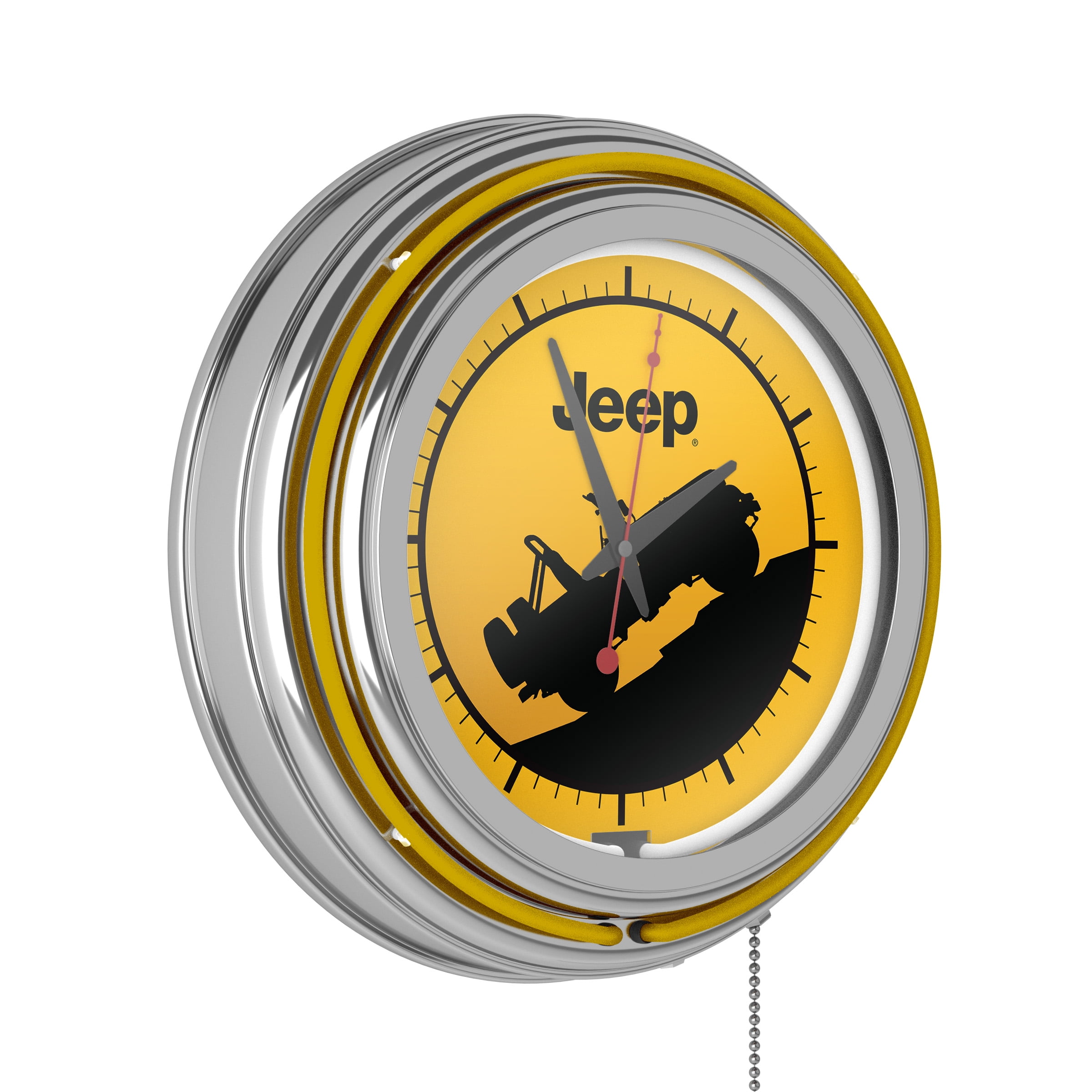 Yellow or Man Cave Accessories Garage Trademark Global Neon Wall Clock-Jeep Grille 2 Double Rung Analog Clock with Pull Chain-Pub
