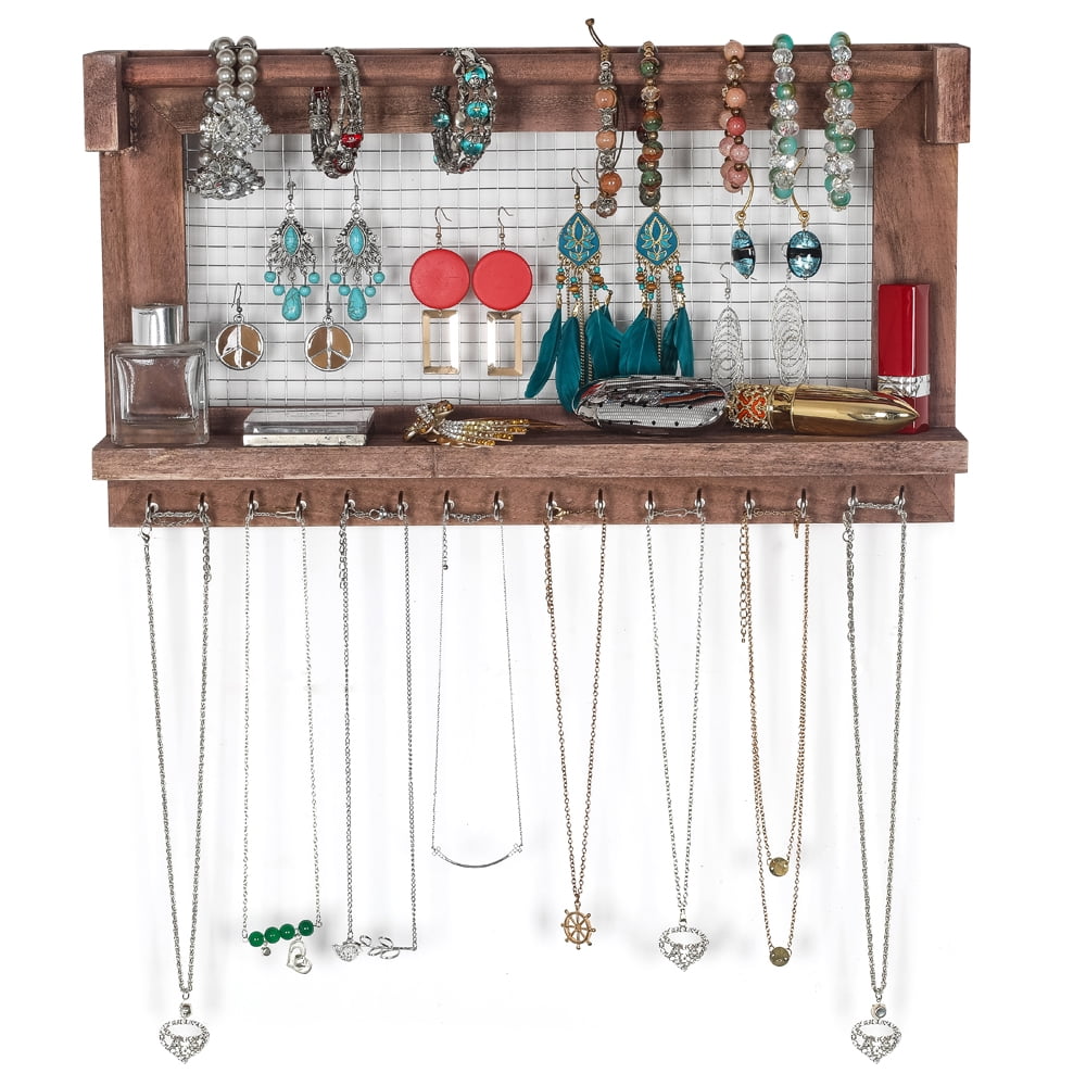 Lowestbest Wall Mounted Jewelry Stand with 16 Hooks, Perfect Earrings, Necklaces, Brown