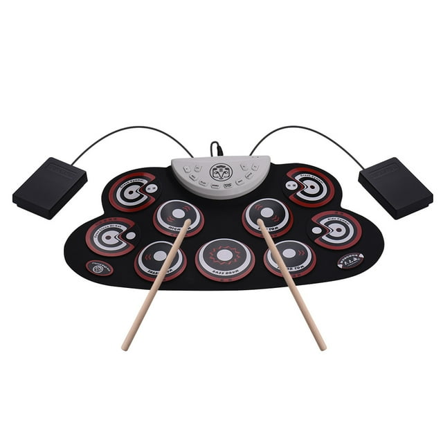 Tambor electrónico Almohadilla de batería de silicona portátil, batería electrónica plegable con baquetas, pedales, diseño de dibujos animados, tambor digital para niños principiantes Meterk Tambor electrónico