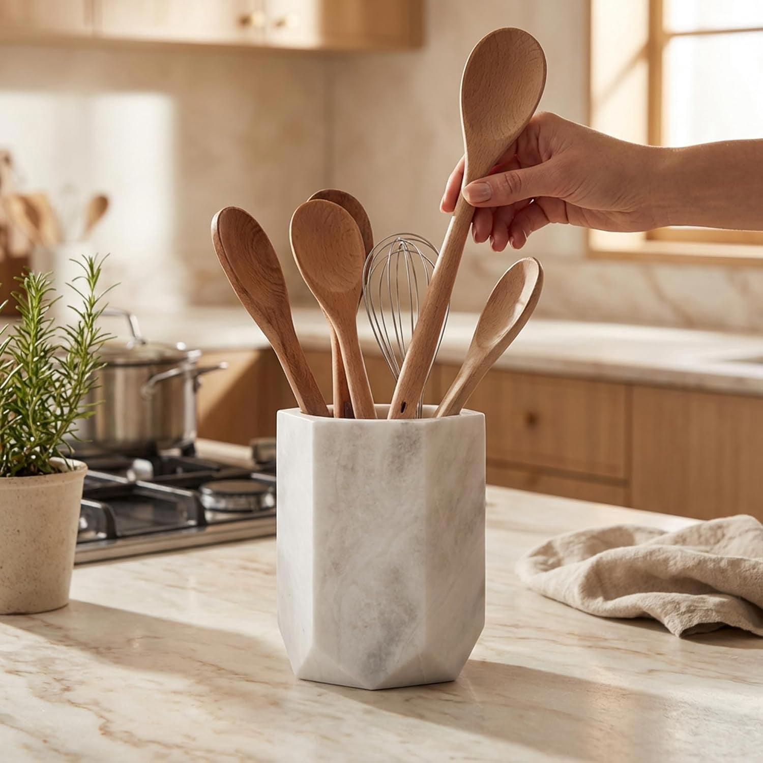 Elborse Marble Utensil Holder 6.5 inches White Spoon Holder for Kitchen Counter, Ideal Kitchen Utensils Set Organizer For Farmhouse Kitchens Decor, Cooking Utensil and Spatula Set
