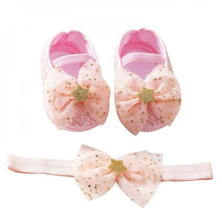 

Sales Promotion!Newborn Baby Girls Shoes Net Yarn Bowknot Star Princess Shoes Toddler Soft Sole Walking Cotton Shoes Headband Set Pink L