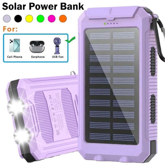 Solar Power Bank 12800mAh, Waterproof Portable Charger with Dual USB Ports, LED Flashlight & Compass for Outdoor Camping