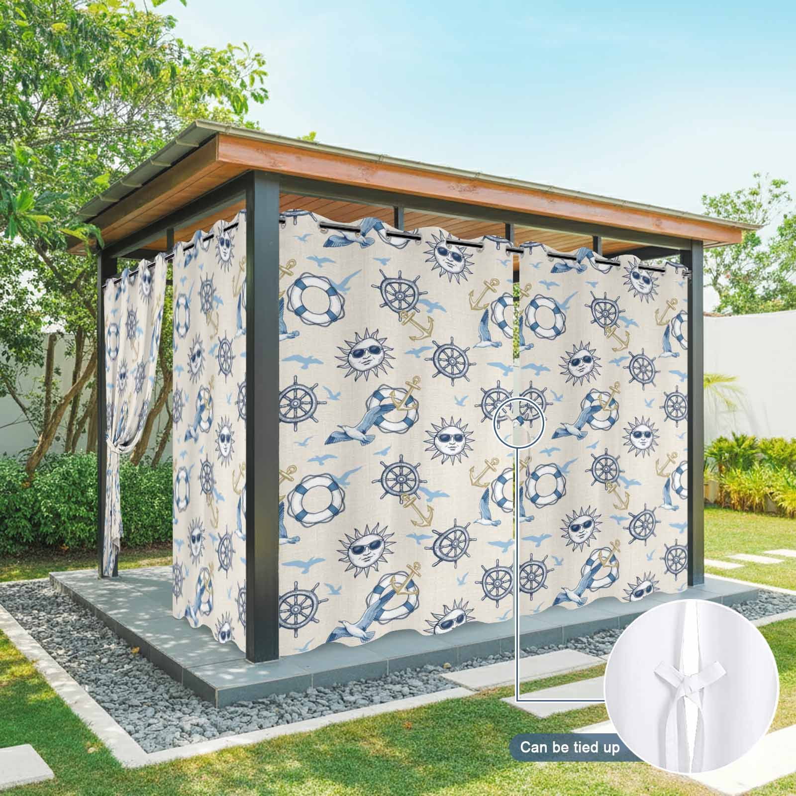 Summer Nautical Outdoor Curtains for Patio, Cartoon Sun Coastal Anchor Rudder Cute Seagull Retro Sunshade Privacy Drapes Grommet Waterproof Outside Curtains for Porch Balcony 54"x 108", 1 Panel