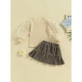thumbnail image 5 of Kids Girl Fall Outfits Sequins Stars Moon Mesh Puff Sleeve Rib Knit Tops Elastic Waist Pleated Plaid Skirts 2Pcs Clothes Set, 5 of 9