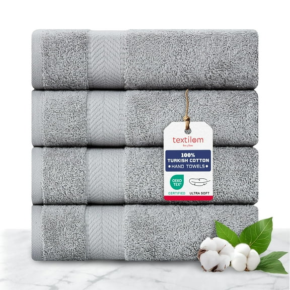 TEXTILOM 100% Turkish Cotton 4 Pcs Hand Towel Set, Luxury Hand Towels for Bathroom, Soft & Absorbent Bathroom Hand Towels Set (16 x 28 inches)- Grey