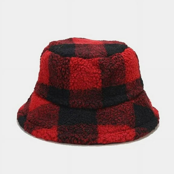 SikaFu Autumn Winter Polyester Plaid Warm Thicken Bucket Hat Fisherman Hat Outdoor Travel Cap For Girl And Women 199