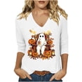 thumbnail image 2 of JOANKDMI Spooky Chic Ghost Drinking Coffee Graphic Tee Women V Neck Long Sleeve Halloween Outfit Cute Pumpkin Print Casual Top for Trick-or-Treat Party Dress Up, 2 of 5