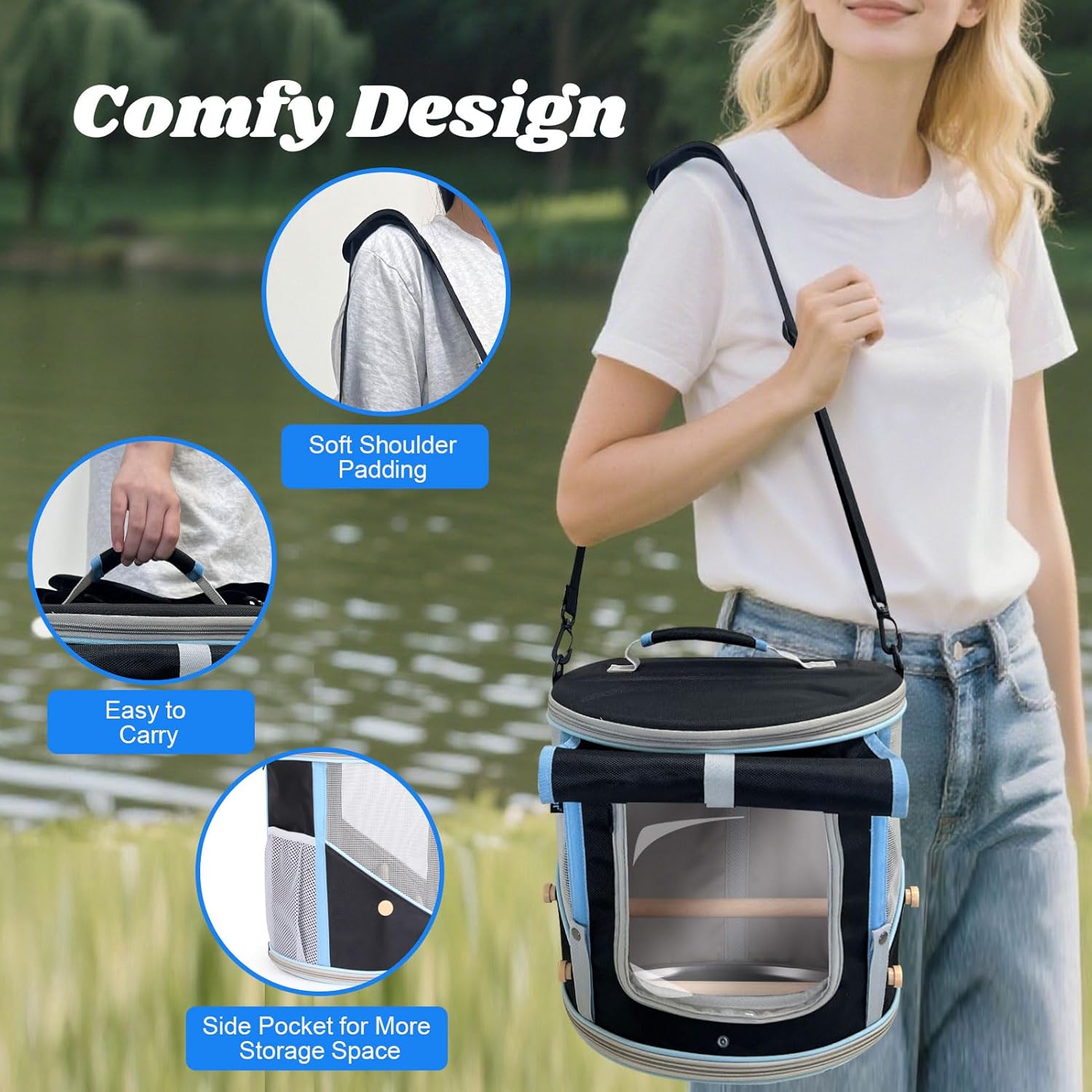 Small to Medium Birds Carrier Cage, Portable Handle Carrying Cylindrical Bird House with Metal Tray and Two (2) Wooden Stand Perch, Front Shade with Clear View