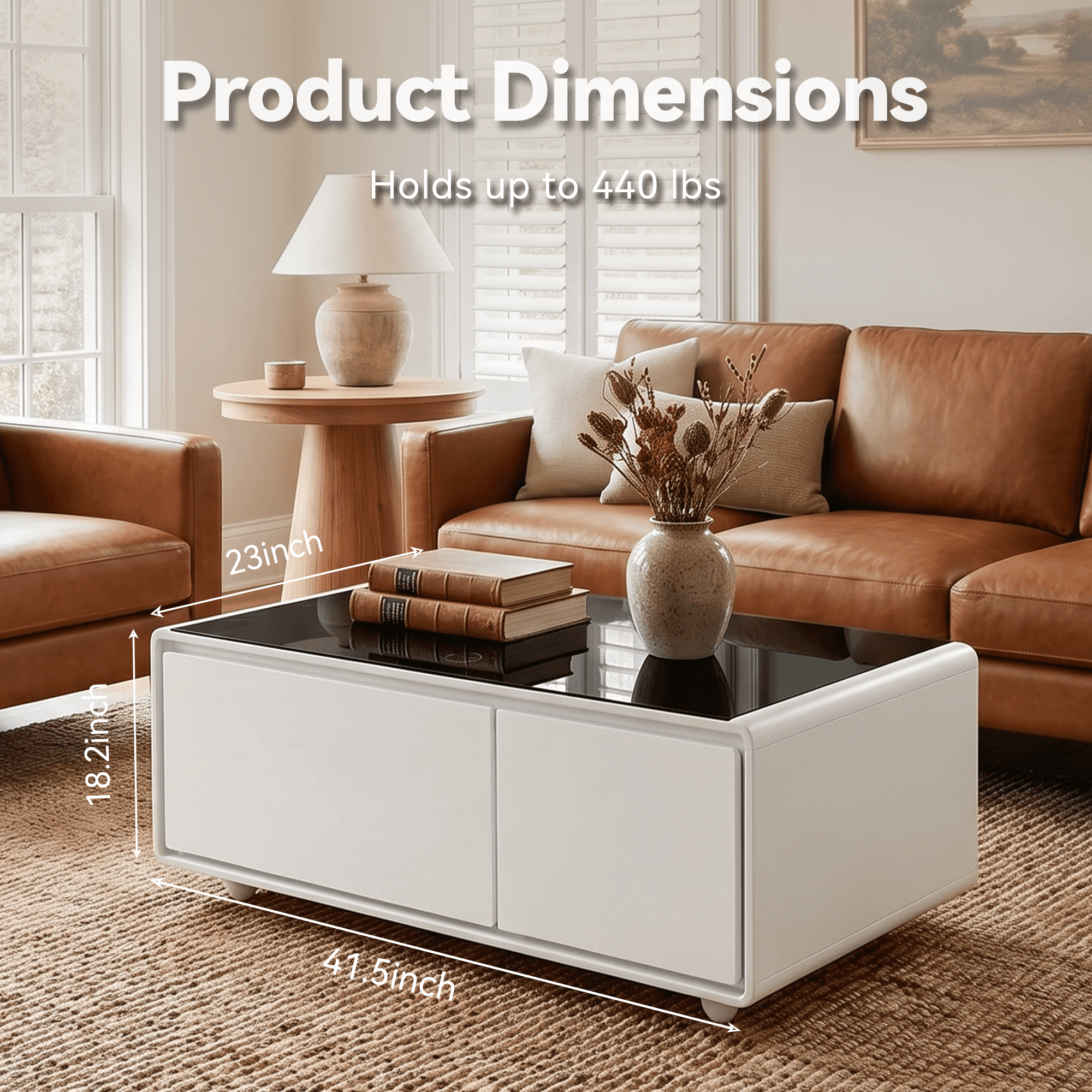 LIVTAB Smart Coffee Table, 23" D x 41.5" W x 18.2" H, Living Room Table with Built in Fridge and Speakers, Smart Table with 15W Wireless Charging, USB Chargers and 110V Outlets, White