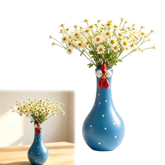 Whimsical Chicken Flower Vase, Cute Chicken Vase, Farmhouse Home Decor, Cute Decorative Vase for Kitchen Table, Shelf, Living Room & Country Style Gifts, Blue
