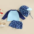 thumbnail image 4 of Kid Boy Swimsuit  Cartoon Striped Shark Print Summer Beach Long Sleeve Tops + Shorts + Hat, 4 of 7