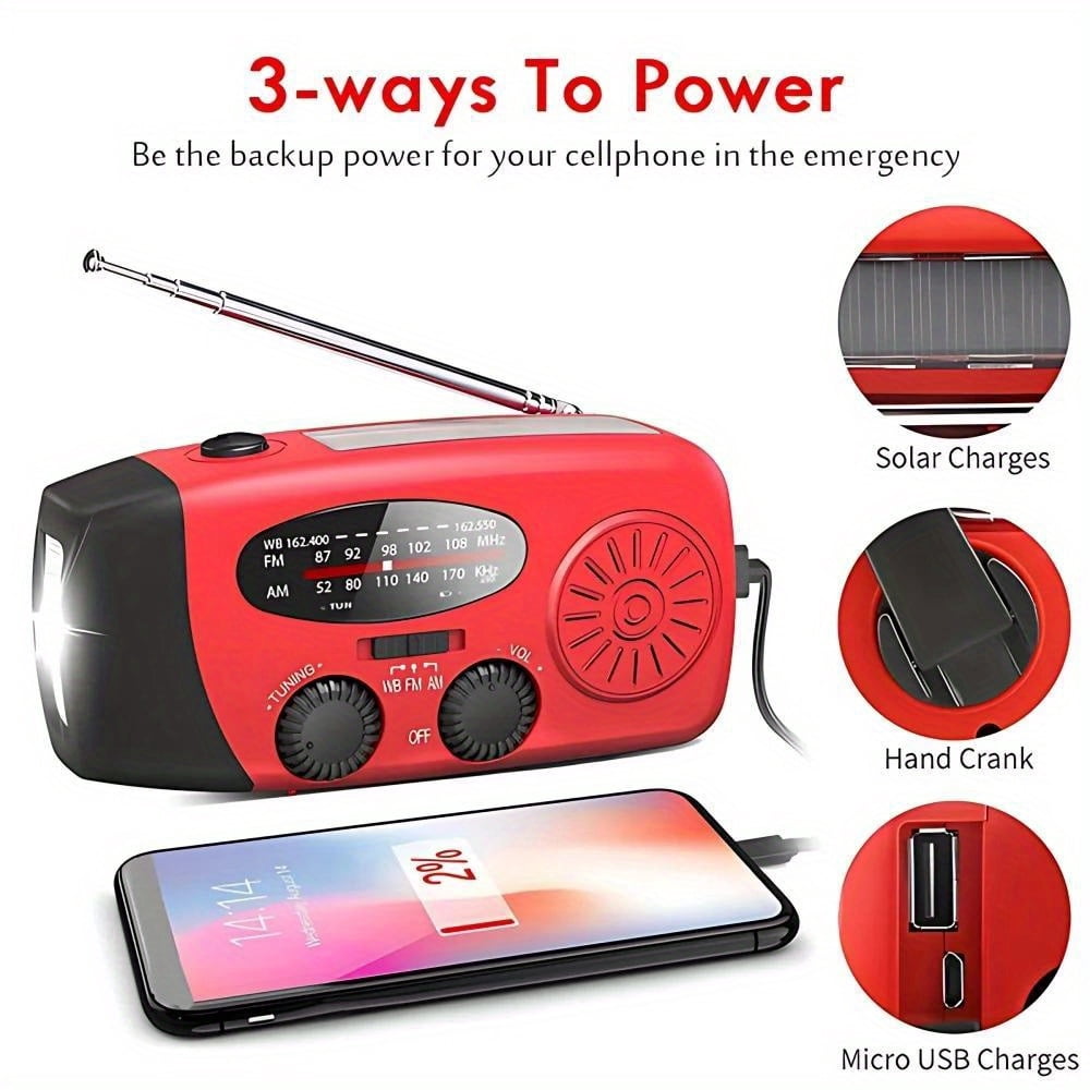 This versatile portable radio features a 2000mAh battery, is powered by a hand crank and solar power, supports USB charging, features FM, AM, WB, NOAA weather radio, and comes with an emergency LED fl