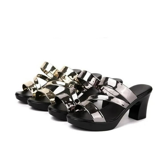 Sandals for Women 2025, Xunlbb Women's High-Heeled Sandals With Thick Heels Bright Leather Fish Mouth for Women(Silver,Size:35)