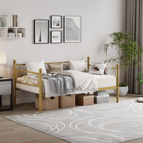 Twin Size Daybed Frame, Metal Sofa Bed Frame, Heavy Duty Metal Slats,Metal Day Bed with Floral Headboard for Living Room, Bedroom, Guest Room, Space Saving