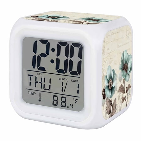 Blue Green Floral Digital Alarm Clock for Bedrooms, Smart LED Alarm Clock with 7 Color Changing Night Light, Spring Summer Mallow Flowers Retro Silent Wake Up Clocks for Sleep Study Cooking 3.2x3.2