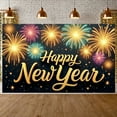 thumbnail image 3 of Fireworks Design Happy New Year Banner Golden Lettering New Year Display Colorful Sparkling Festive Backdrop for New Year Party Holiday Celebration Indoor Decoration, 3 of 9