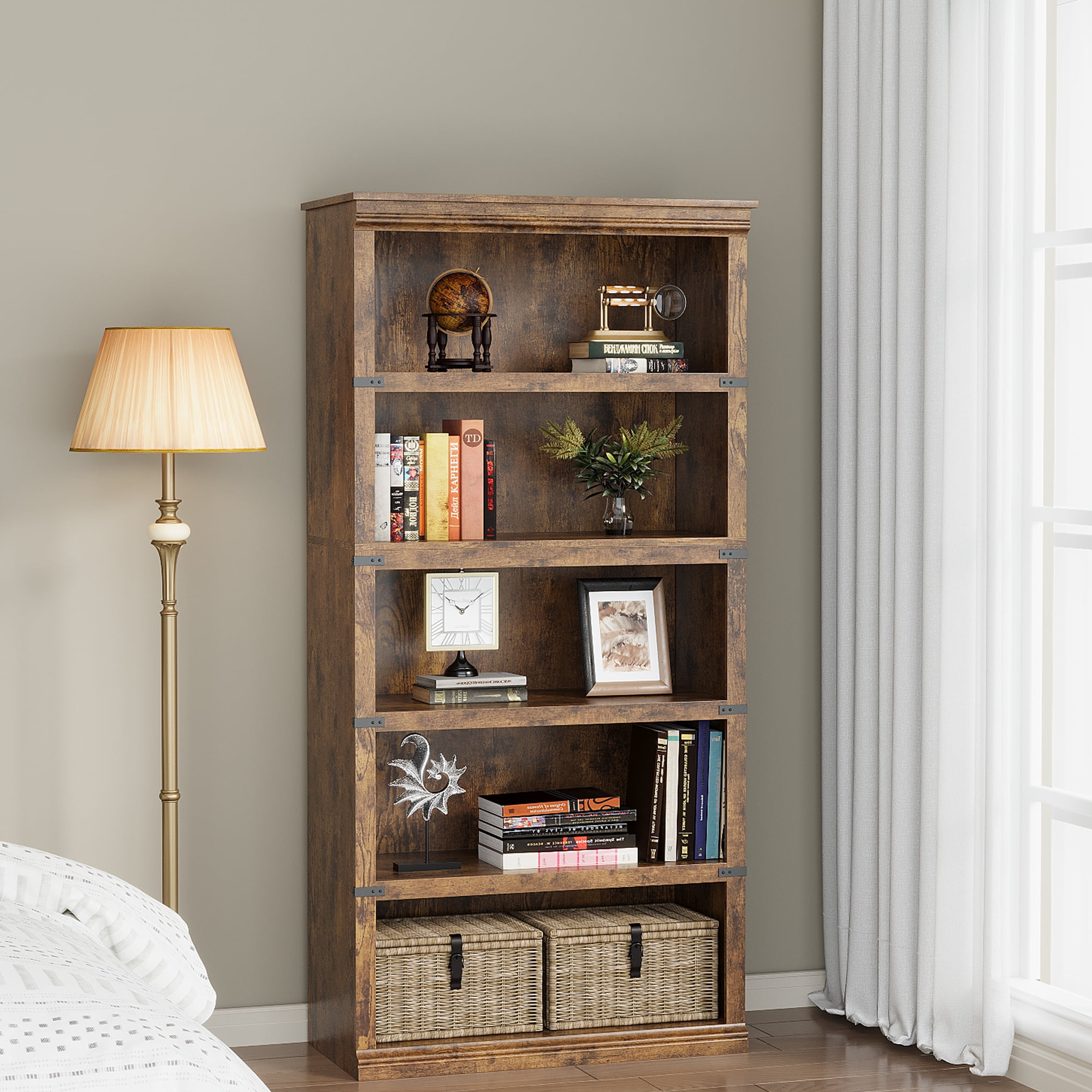 Goldensoil 67" Tall 5 Shelf Wood Bookcase,Farmhouse Floor Standing Display Storage Shelves,Retro