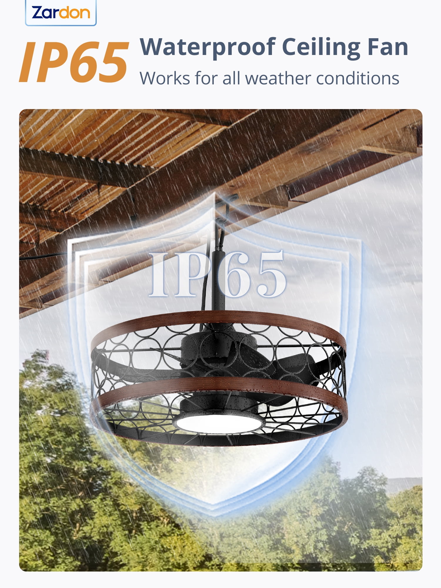 Zardon 20in Outdoor Ceiling Fans with Light and Remote Control, Gazebo Ceiling Fan with Corded for Plug in, Waterproof for Pergola, Canopy, Patios