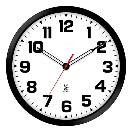 Atomic Analog Wall Clock - 12 Black Stylish Frame Sets Automatically- Operated Easy To Read Use Modern Design And Style