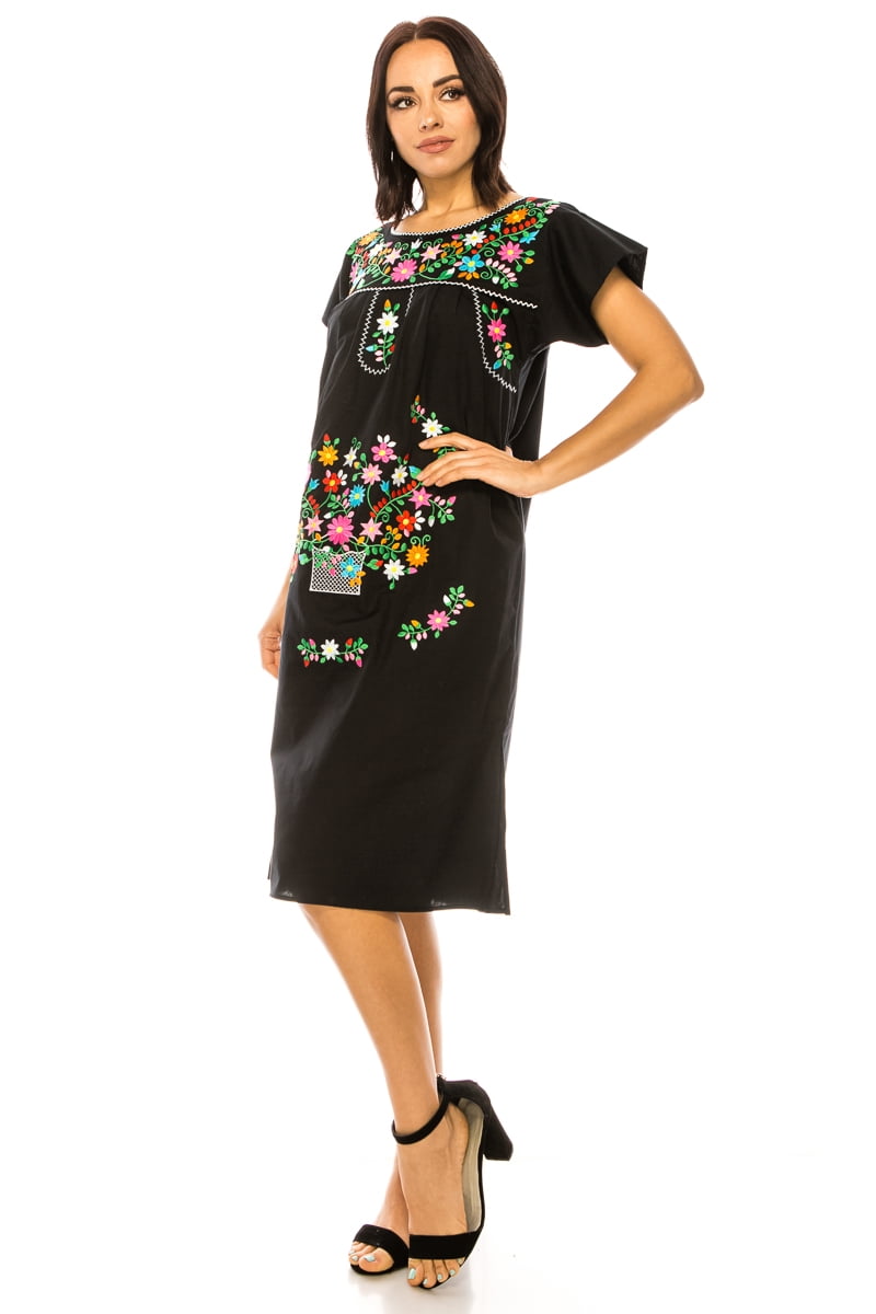 black mexican dress with flowers Plus Size Black Embroidered Mexican Dress, Off Shoulder Cotton Fiesta Vestido