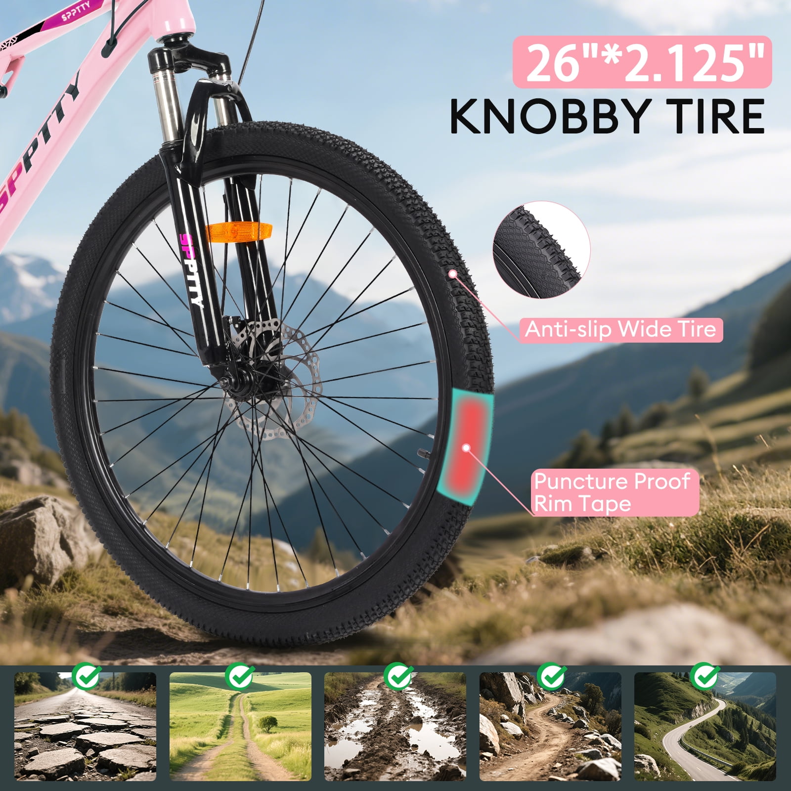 SPPTTY 26" Mountain Bike,Full-Suspension 21 Speed Drivetrain, Disc Brakes,Bicycle for Men Women Rose Gold