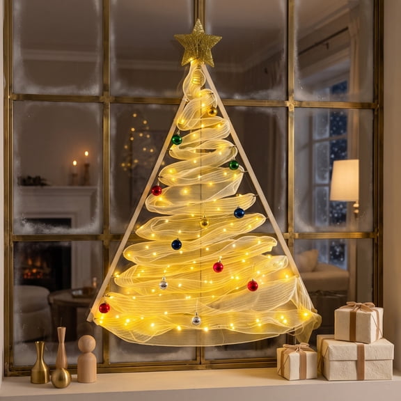 Wall Hanging Christmas Tree with LED RGB Light, Christmas Decor Wall Mounted Christmas Tree Garland, Space Saving Wall Mounted Flat Xmas Tree for Home Office Party Window