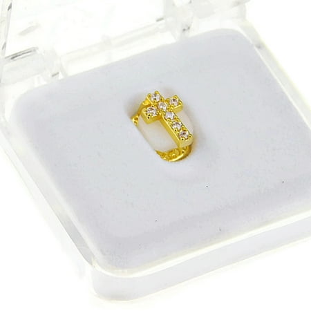 18k Gold Plated Cross CZ Iced Single One Tooth Bottom Teeth Bling