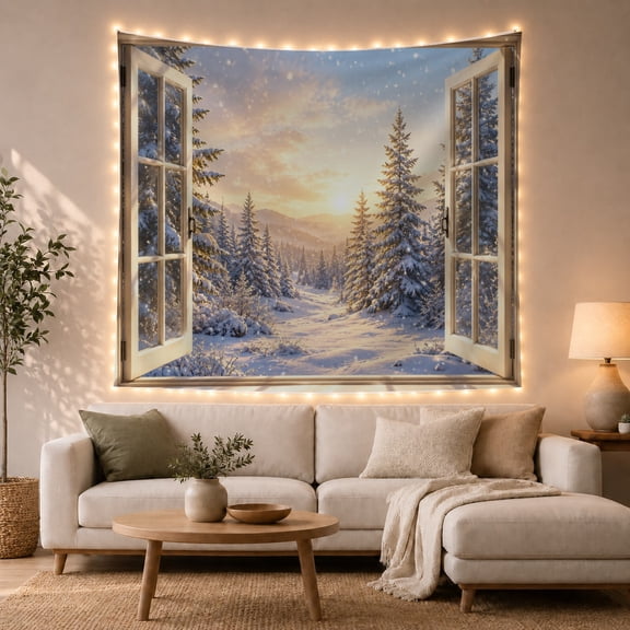 Snowy Pine Forest Beyond an Open Window, Peaceful Digital Art for Nature Lovers, Winter Landscape Decor, Christmas Gift, Tapestry Wall Hanging for Bedroom and Living Room