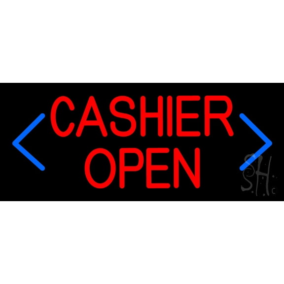 Blue Arrow Cashier Open LED Neon Sign 10 x 24 - inches, Clear Edge Cut Acrylic Backing, with Dimmer - Bright and Premium built indoor LED Neon Sign for Bar decor.
