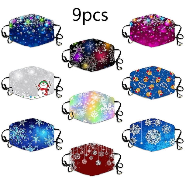Paquete de 9 mascarillas navideñas para adultos con estampado de copos de nieve coloridos