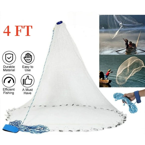 4FT Fishing Cast Net Bait Easy Throw Hand Cast Strong Nylon Mesh - Throw Heavy Duty Hand Cast Strong Tire Line