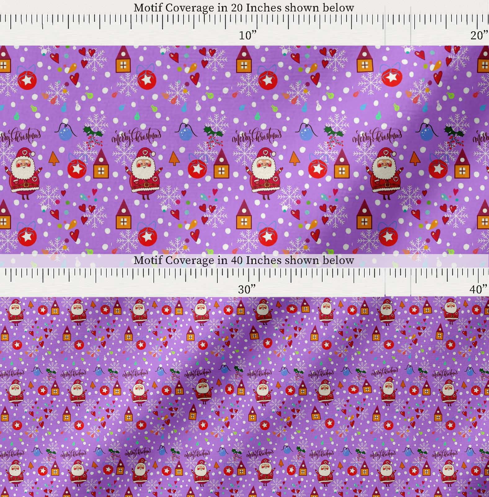 Soimoi Purple Cotton Voile Fabric Heart,Santa & Baubles Christmas Print Sewing Fabric Yard 42 Inch Wide