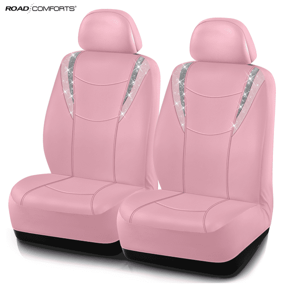 Road Comforts Car Seat Covers, Fashion Glitter Rhinestone Leather Front Seat Covers, Two-Tone Design Car Seat Covers, Universal Fit, Airbag Compatible for Cars, SUVs and Trucks Front Seats,Pink