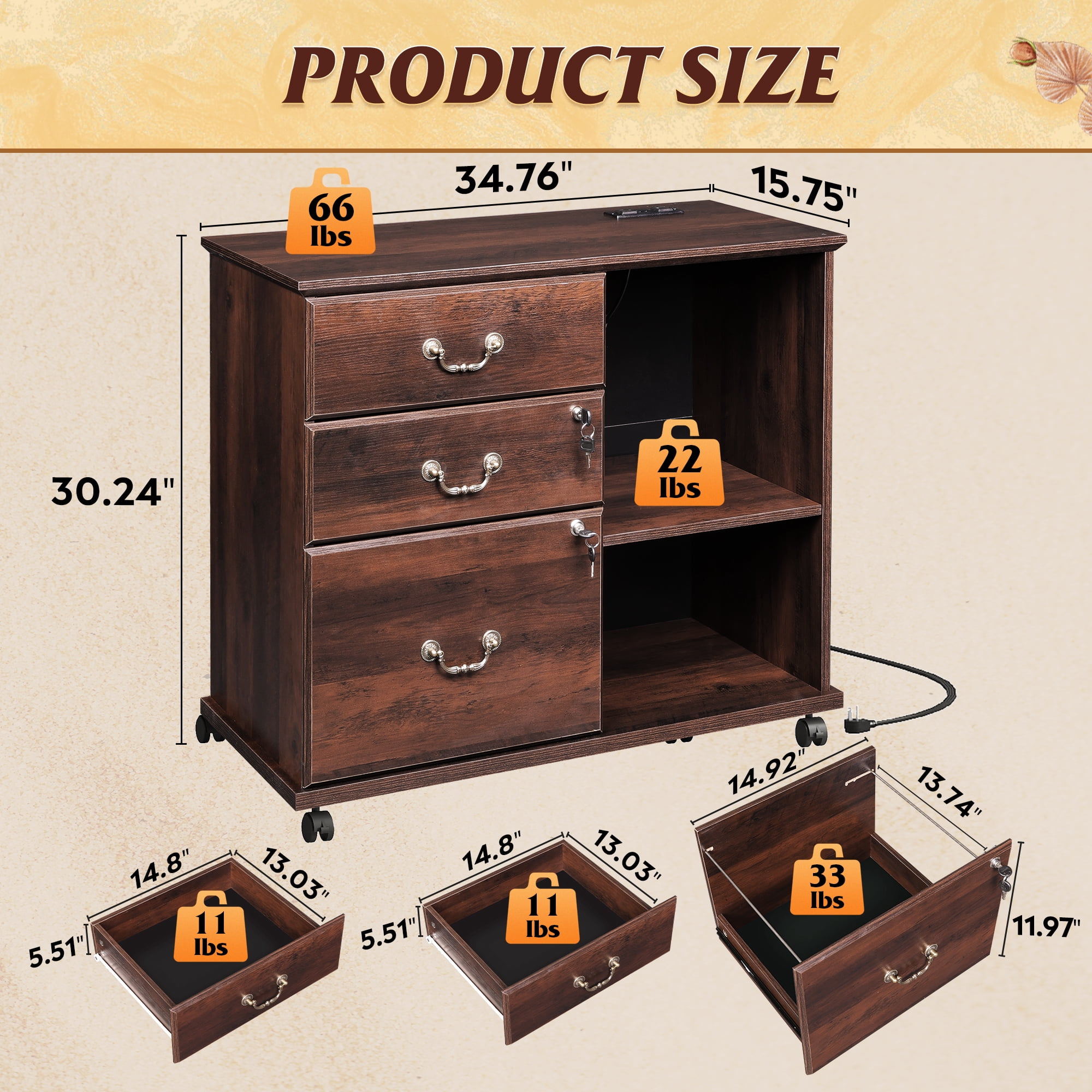 GALAXHERO 3 Drawer File Cabinet with Charging Station, Wood Lateral Filing Cabinet with Lock, Rolling Printer Stand with Storage for Home Office, Brown Oak