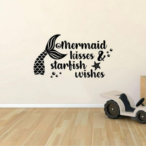 Mermaid Kisses, Starfish Wishes - Cute Wall Decor Quote Design Vinyl Wall Art Wall Sticker Wall Decal Decoration For Home Room Kids Room Nursery Room Girls Boys Décor Design Size (20x20 inch)