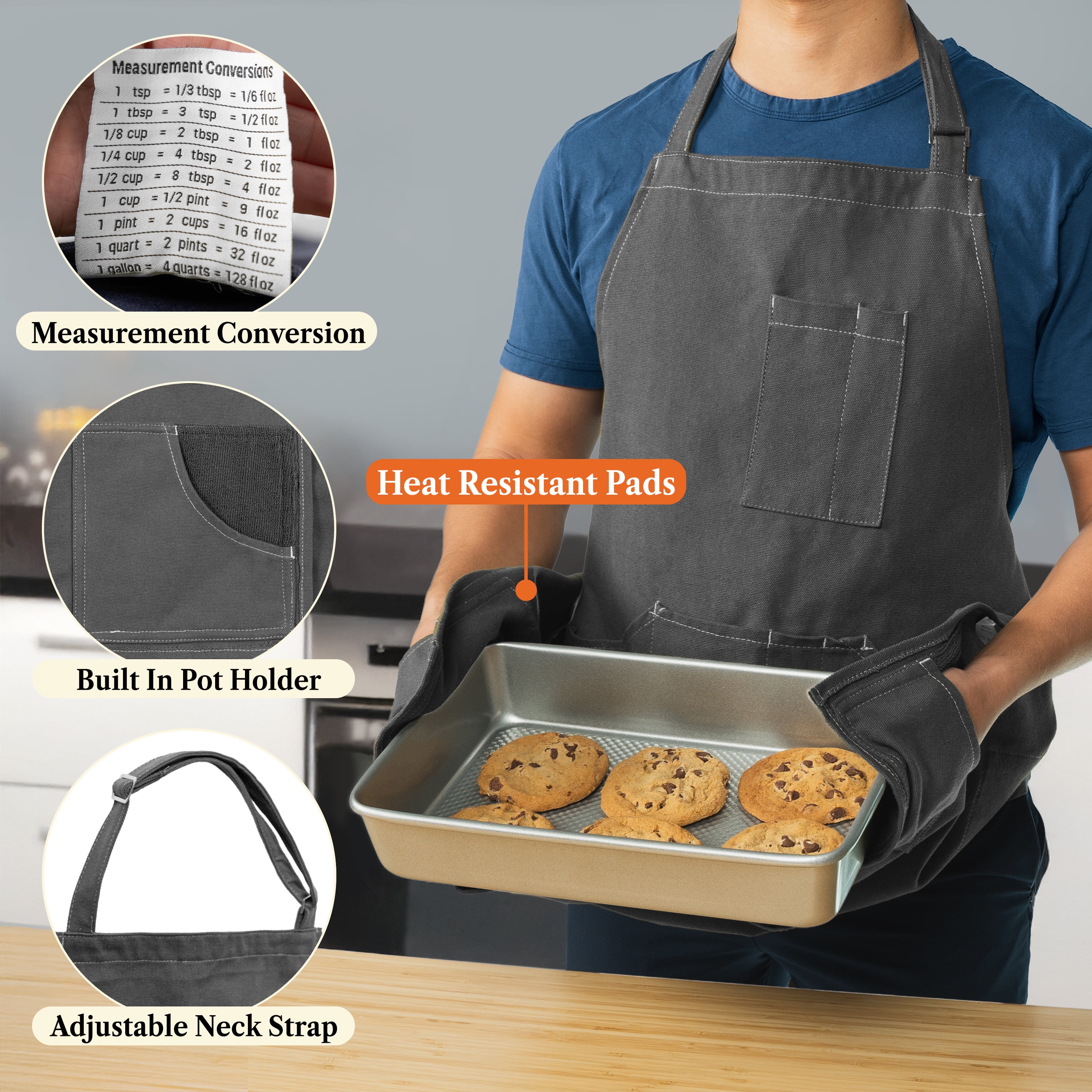 OPUX Chef Apron for Men, Canvas Apron with Pockets for Women, Large BBQ Apron for Kitchen Grilling Baking, Heavy Duty Work Apron with Adjustable Neck Strap for Barber Gardening, Grey