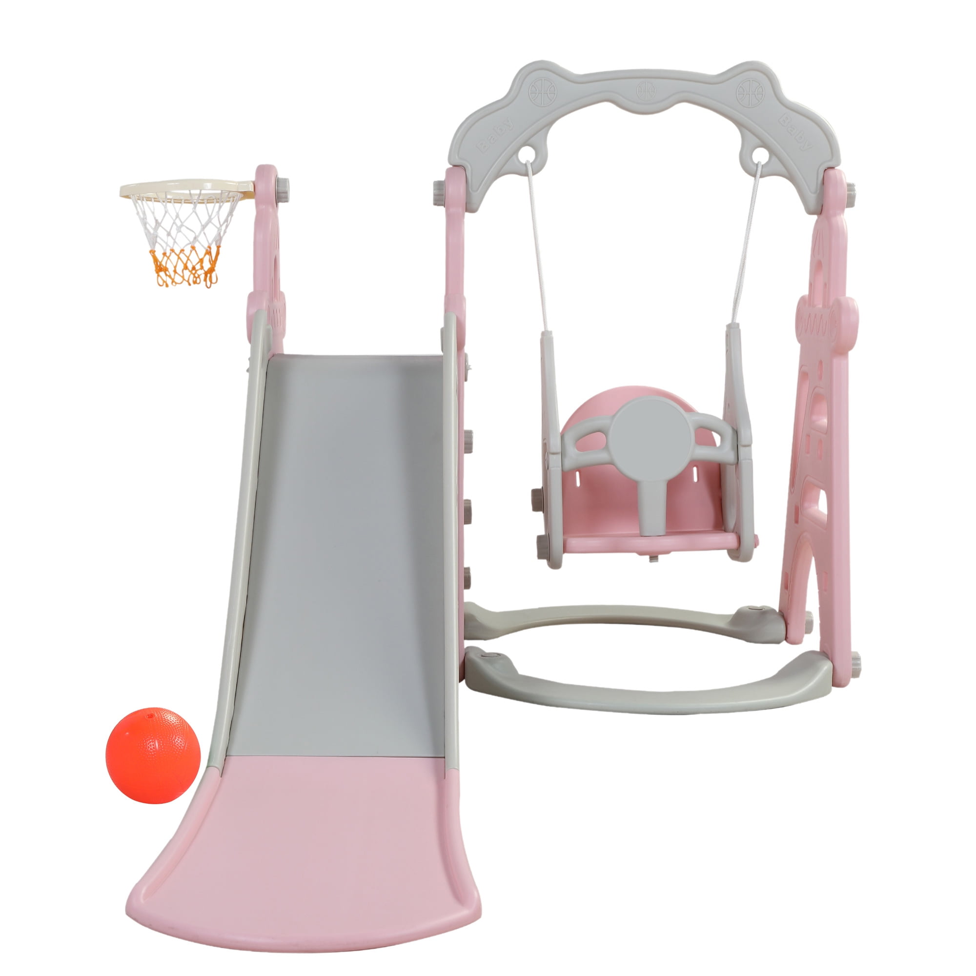 CIPACHO 3 in 1 Toddler Slide and Swing Set, Kids Play Climber Slide Playset with Basketball Hoop, Extra-Long Slide, Baby Slide for Indoor Outdoor, Pink+Gray CIPACHO 3 in 1 Toddler Slide and Swing Set, Kids Play Climber Slide Playset with Basketball Hoop, Extra-Long Slide, Baby Slide for Indoor Outdoor, Pink+Gray