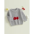thumbnail image 3 of aturustex Little Girls Thick Cozy Sweater 6M 12M 18M 2T 3T 4T 5T Toddler Cherry Embroidery Knitted Pullovers Crew Neck Sweaters Sweatshirts Long Sleevon Cute Fall Winter Loose Casual Clothes, 3 of 7