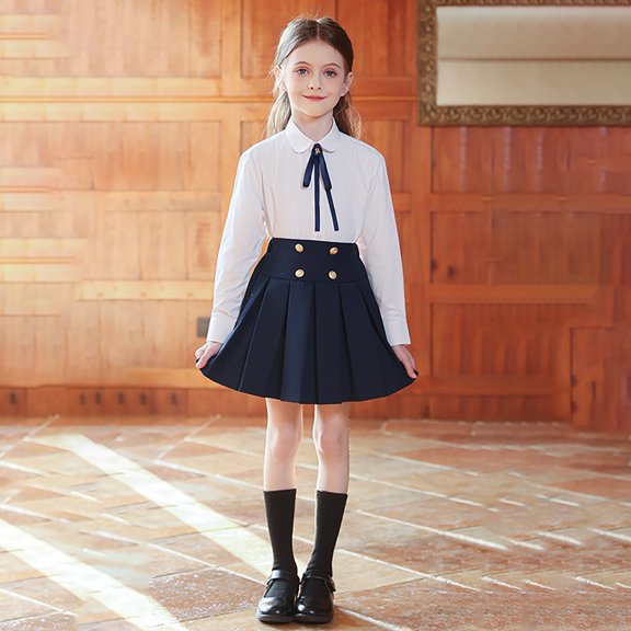 Girls' School Uniform Outfit 3 Piece Set with Long Sleeve Button Down Shirt and Pleated Skirt,3-18 Years